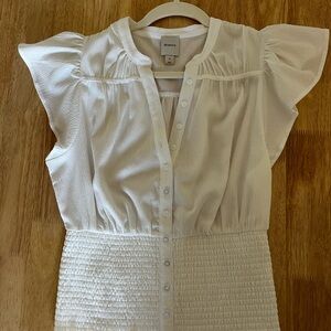 Anthropologie Maeve Short Sleeve Button Down Smocked Top in White, Size Medium